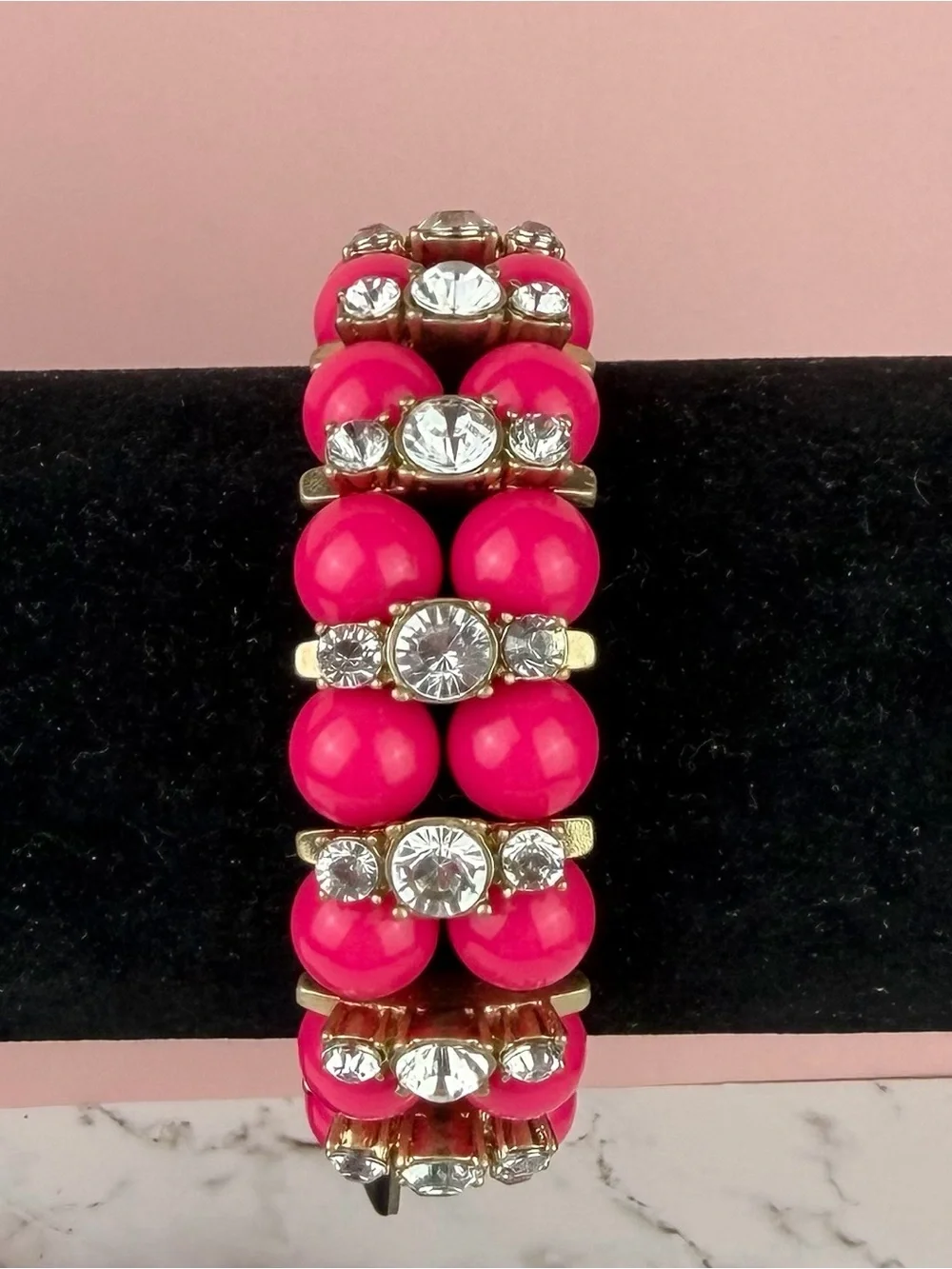 J Crew Hot Pink Beaded & Crystal Accent Stretch Bracelet - NWT